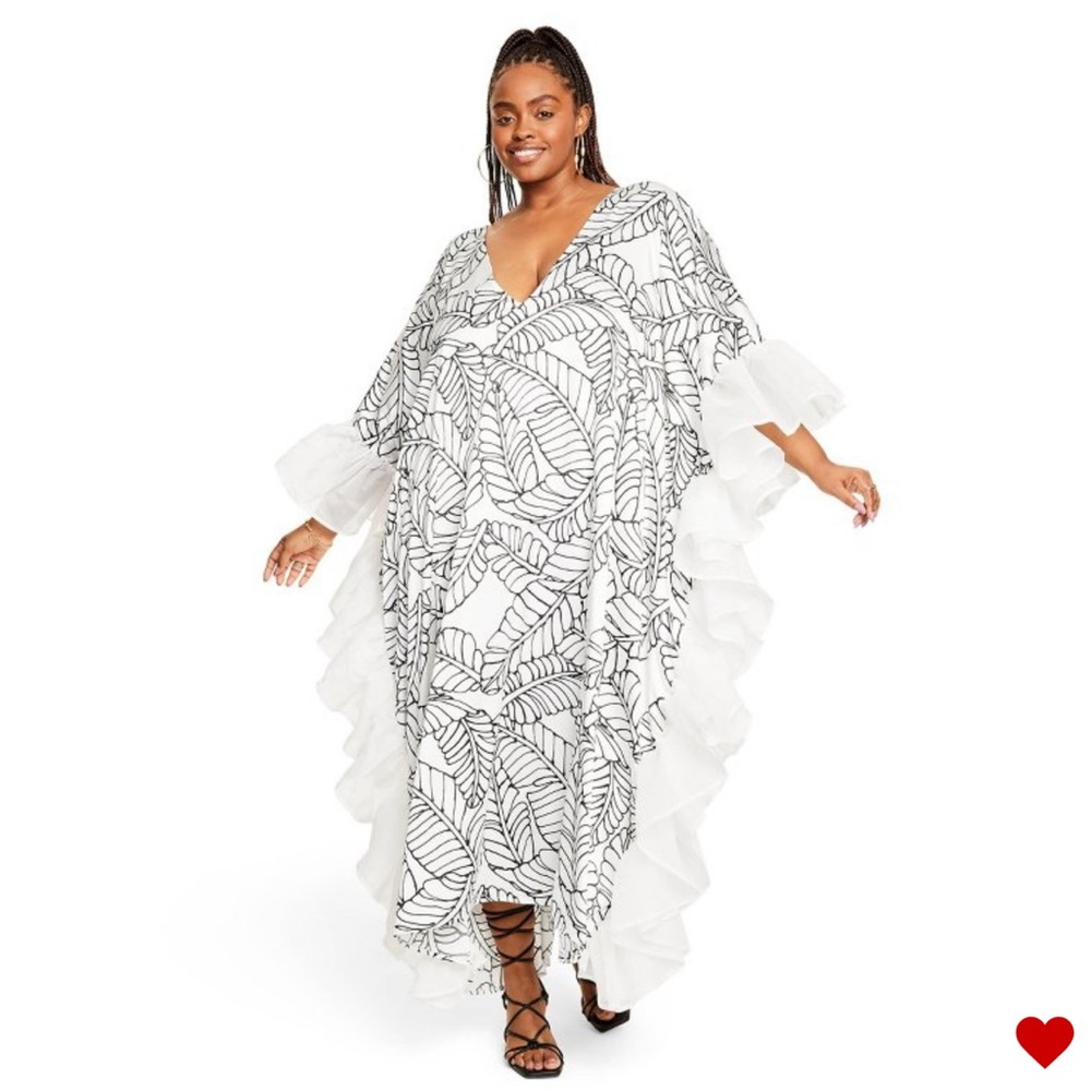 Fe Noel x Target Sketch Palm Leaf Print Ruffle Trim Cover Up Dress Caftan Kaftan